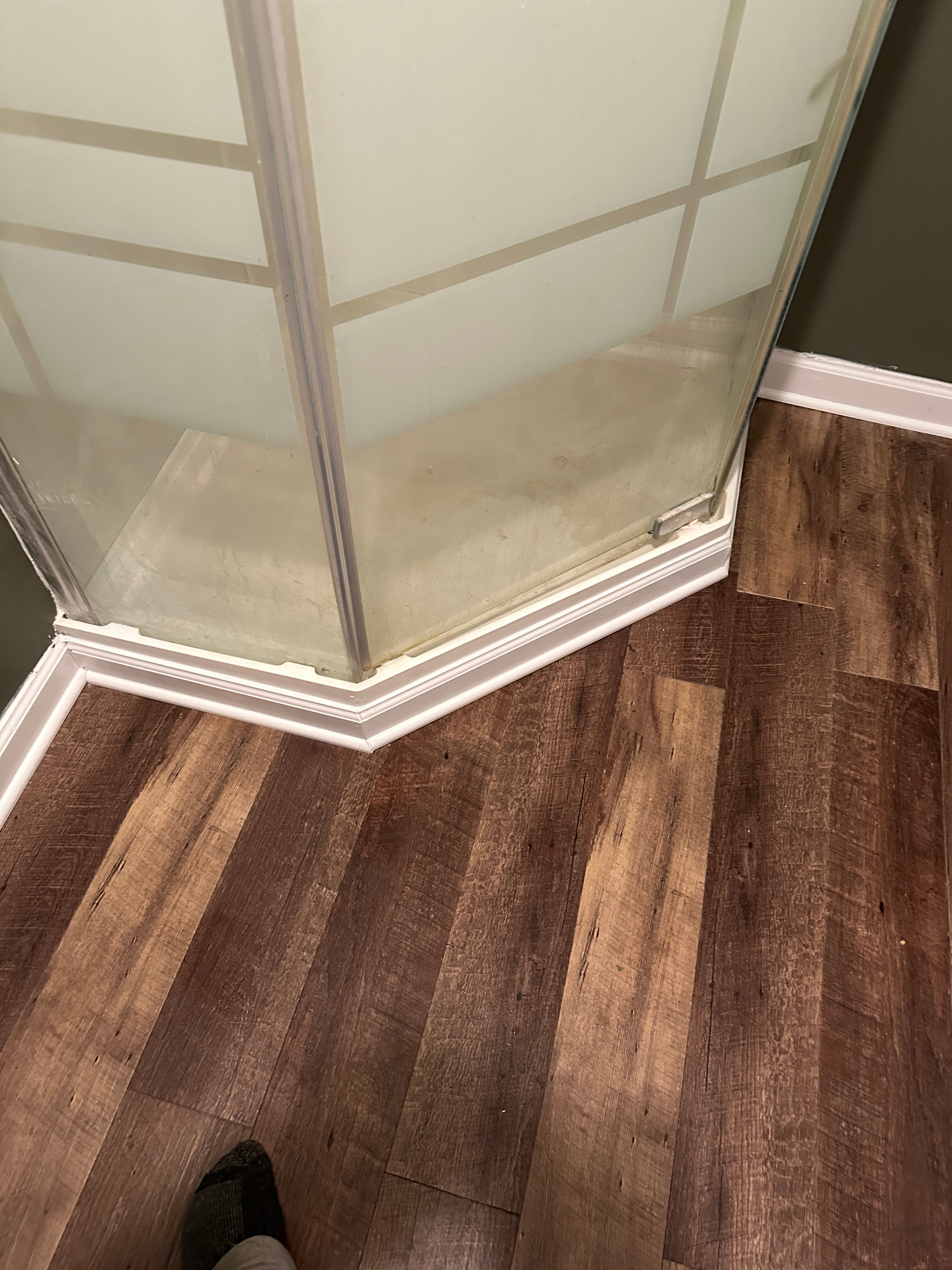 Shower stall with new wood-look vinyl plank flooring and trim